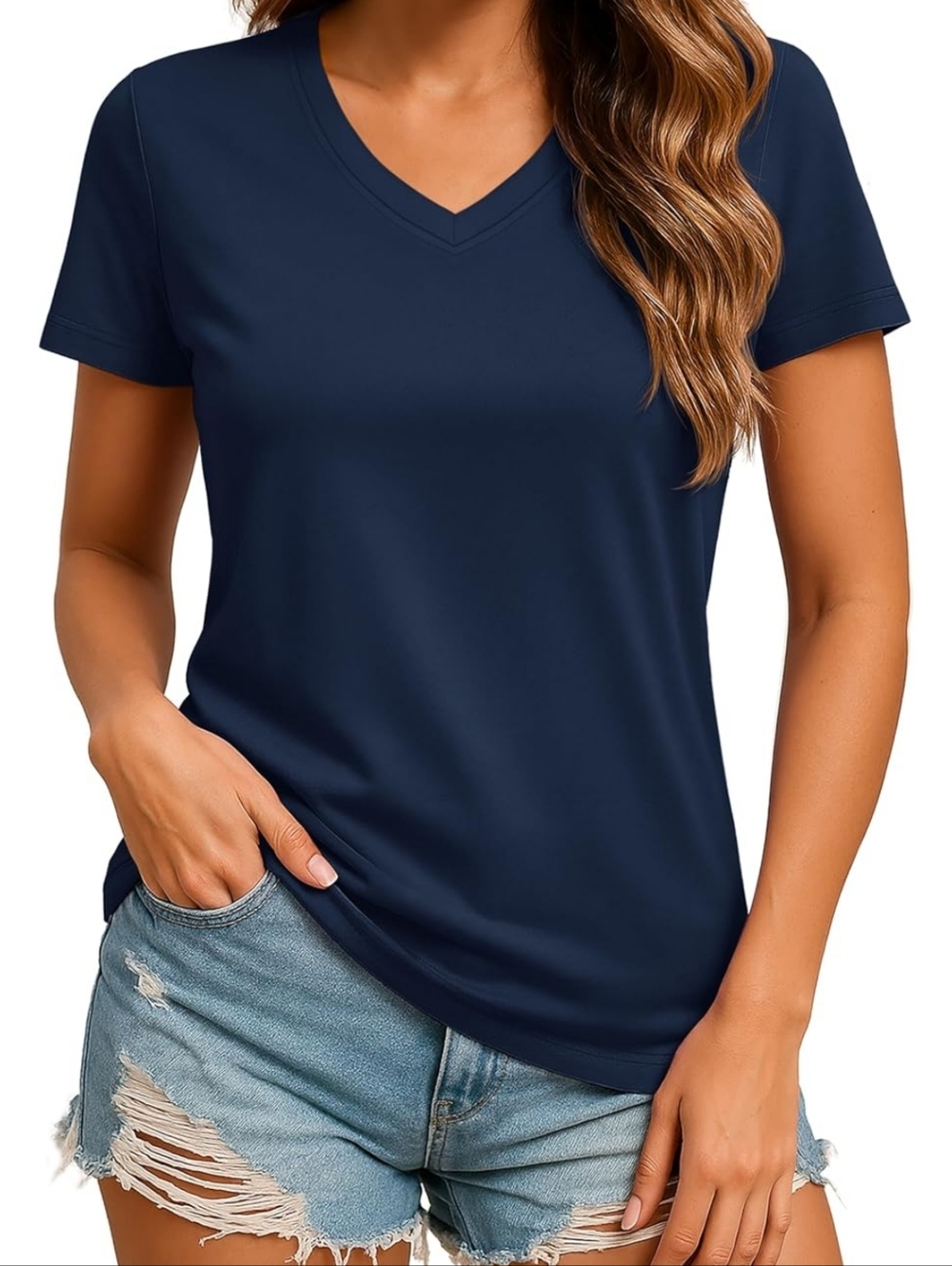 TACVASEN Women's Navy V-Neck T Shirt Short Sleeve UPF 50+ Sun Protection